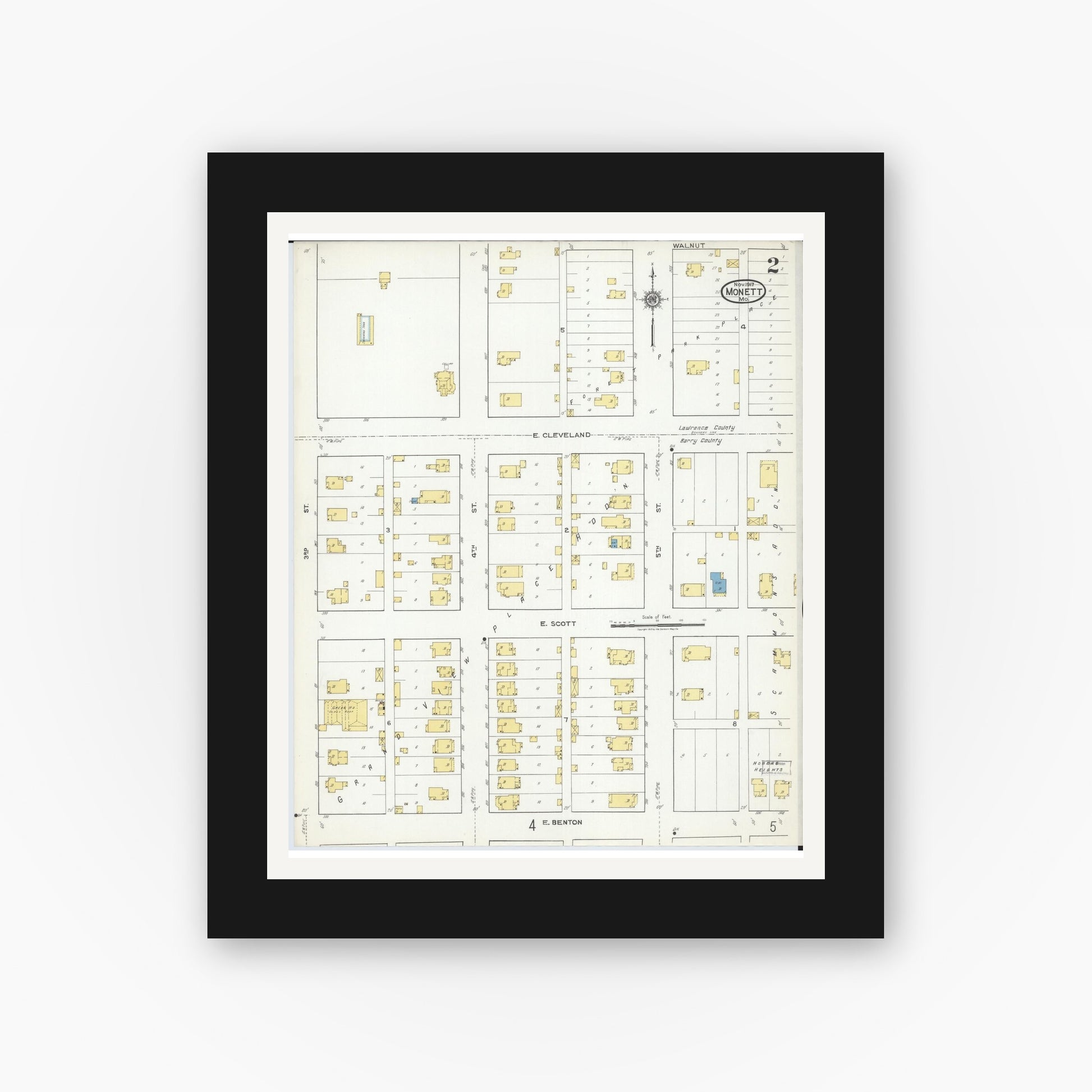 Old map wall art mockup — black gallery frame with white mat — Sanborn Fire Insurance Map from Monett, Barry County, Missouri (1917), Sheet #0002