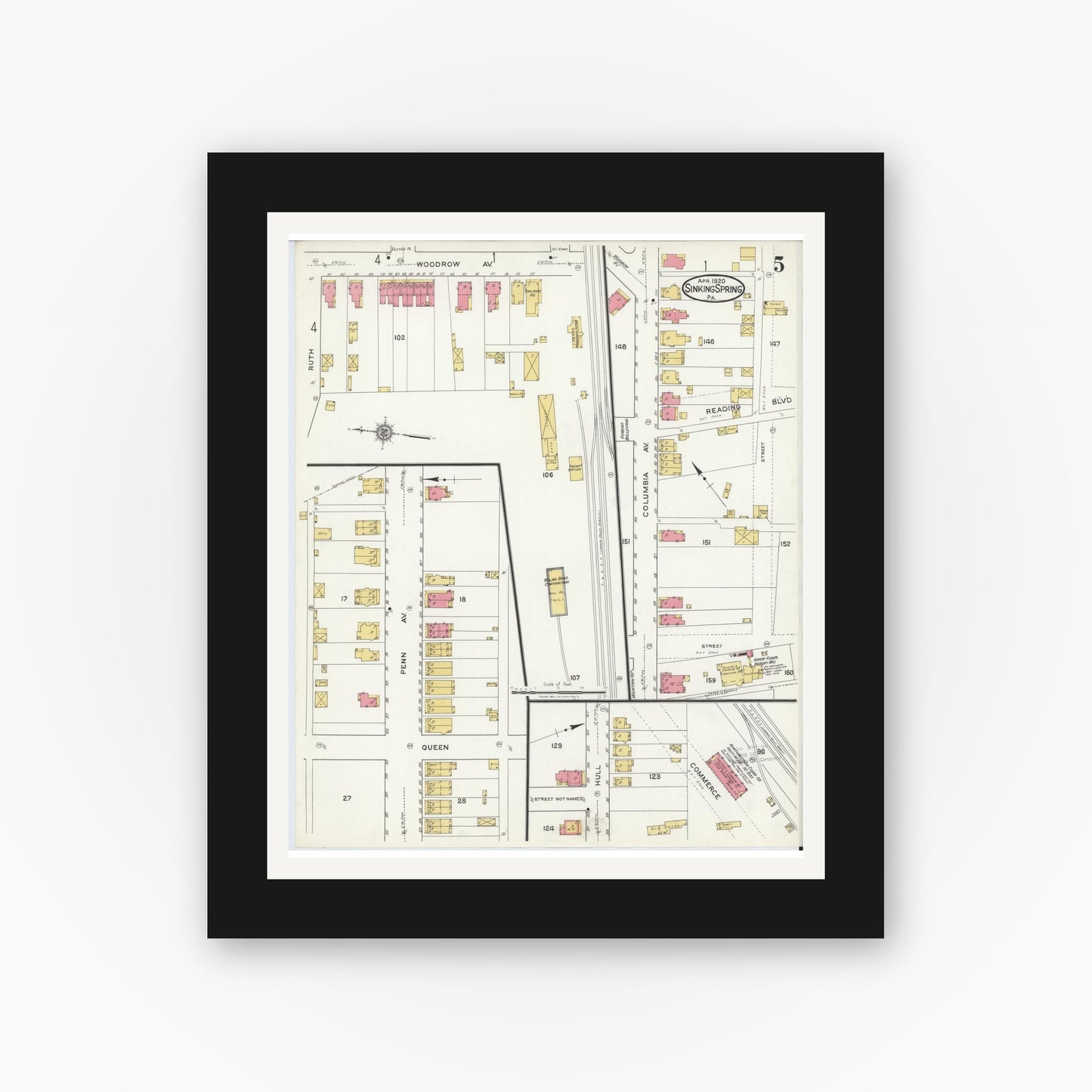 Old map wall art mockup — black gallery frame with white mat — Sanborn Fire Insurance Map from Sinking Spring, Berks County, Pennsylvania (1920), Sheet #0005