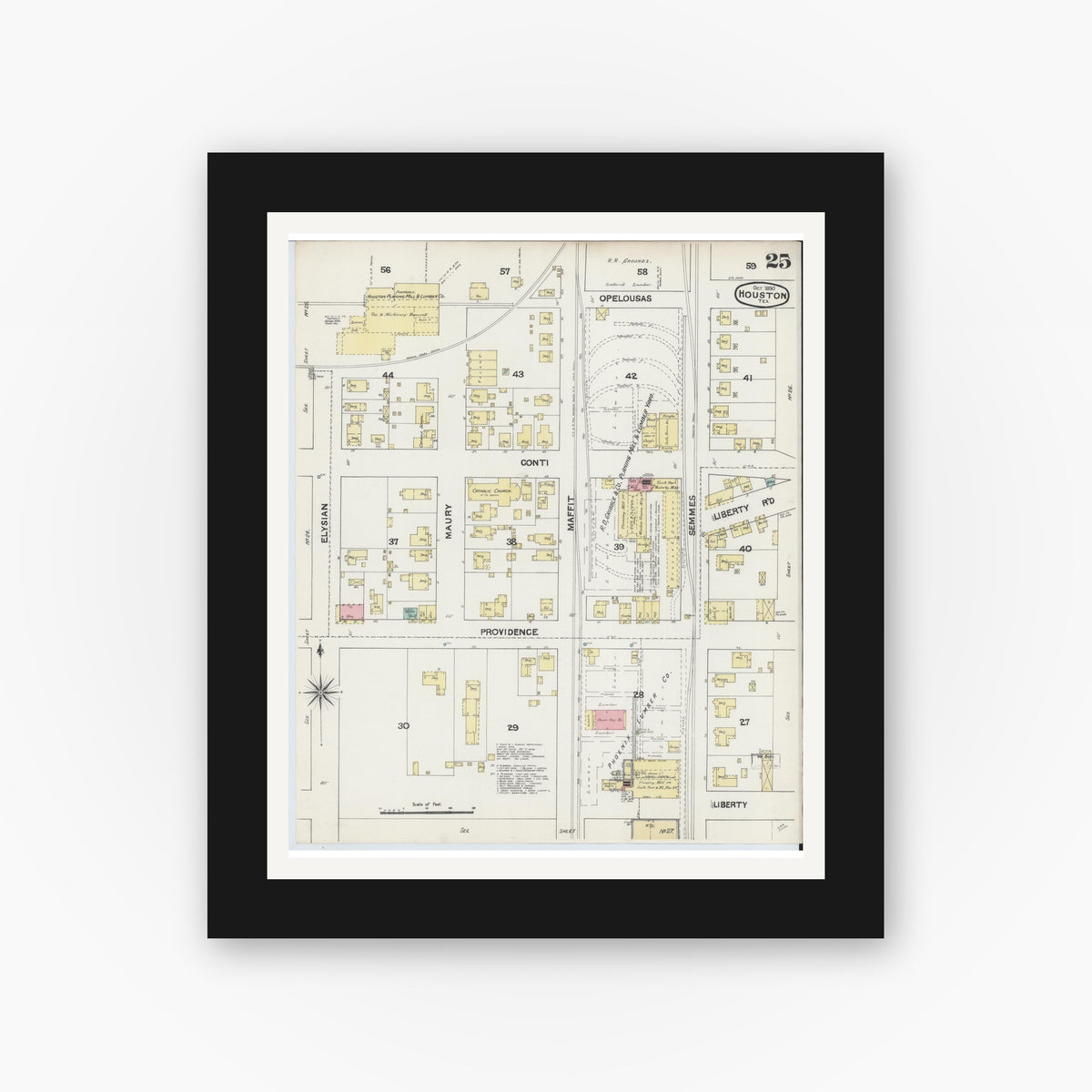 Old map wall art mockup — black gallery frame with white mat — Sanborn Fire Insurance Map from Houston, Harris County, Texas (1890), Sheet #0025