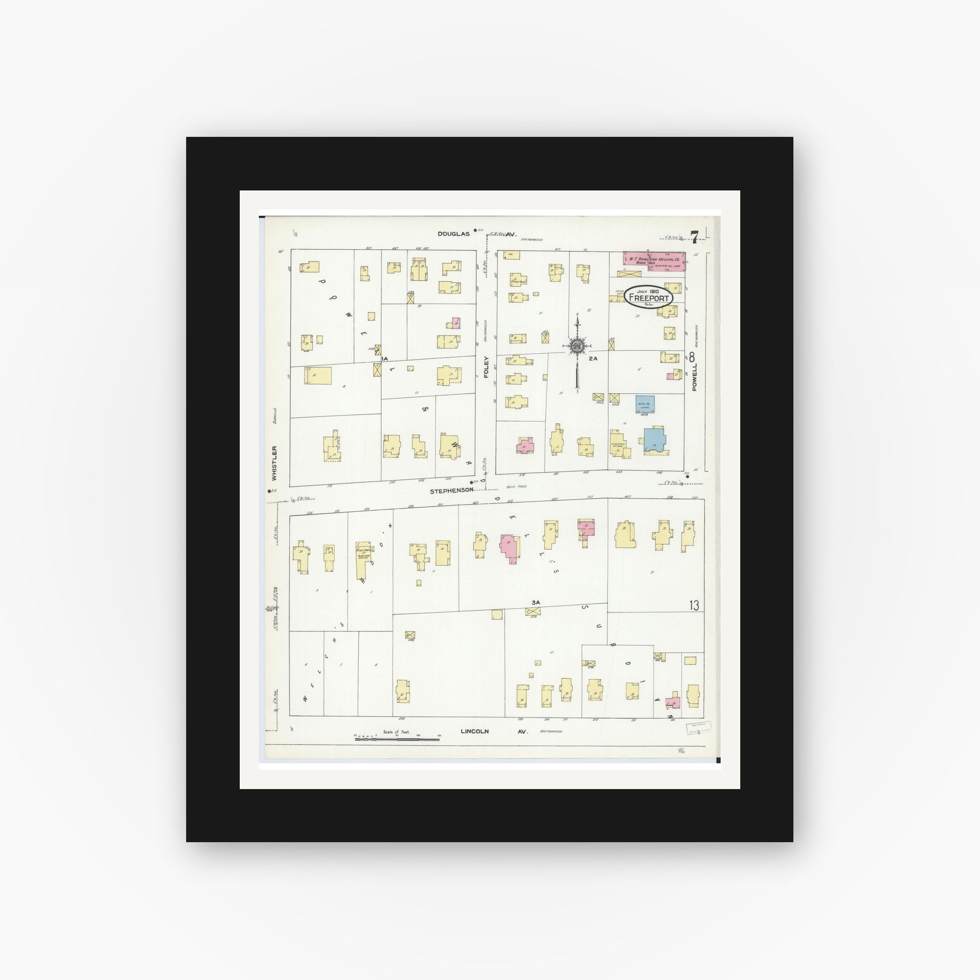Old map wall art mockup — black gallery frame with white mat — Sanborn Fire Insurance Map from Freeport, Stephenson County, Illinois (1910), Sheet #0007