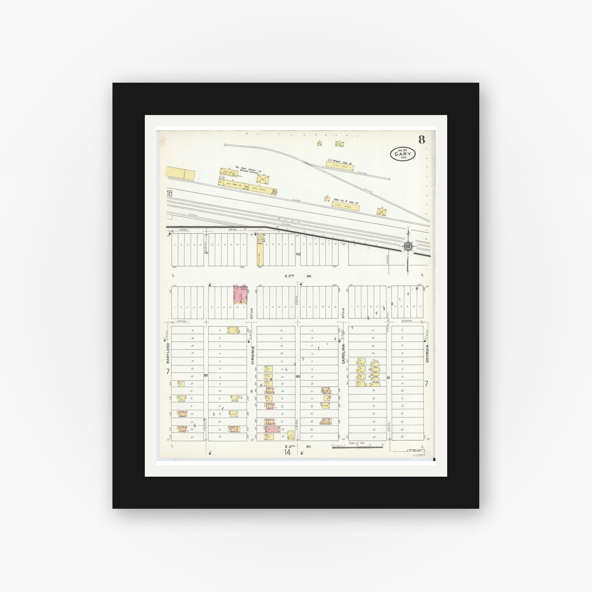 Old map wall art mockup — black gallery frame with white mat — Sanborn Fire Insurance Map from Gary, Lake County, Indiana (1911), Sheet #0008