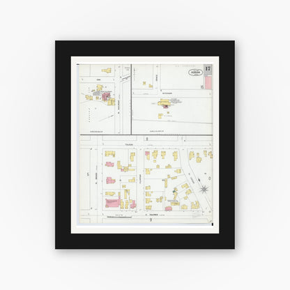 Old map wall art mockup — black gallery frame with white mat — Sanborn Fire Insurance Map from Adrian, Lenawee County, Michigan (1899), Sheet #0017