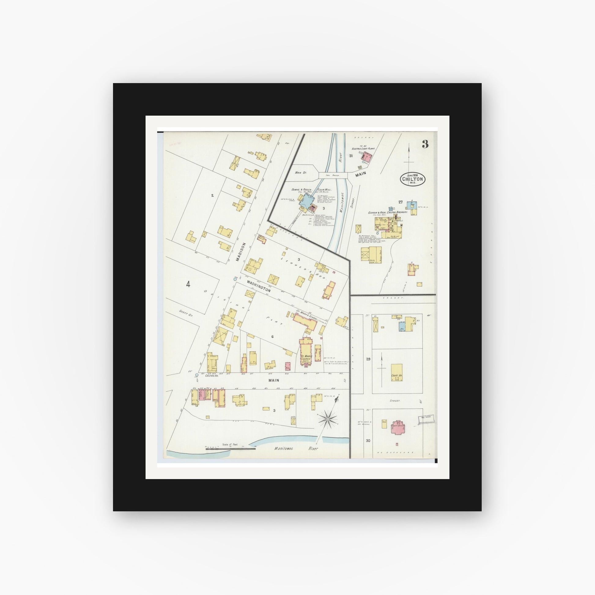Old map wall art mockup — black gallery frame with white mat — Sanborn Fire Insurance Map from Chilton, Calumet County, Wisconsin (1898), Sheet #0003