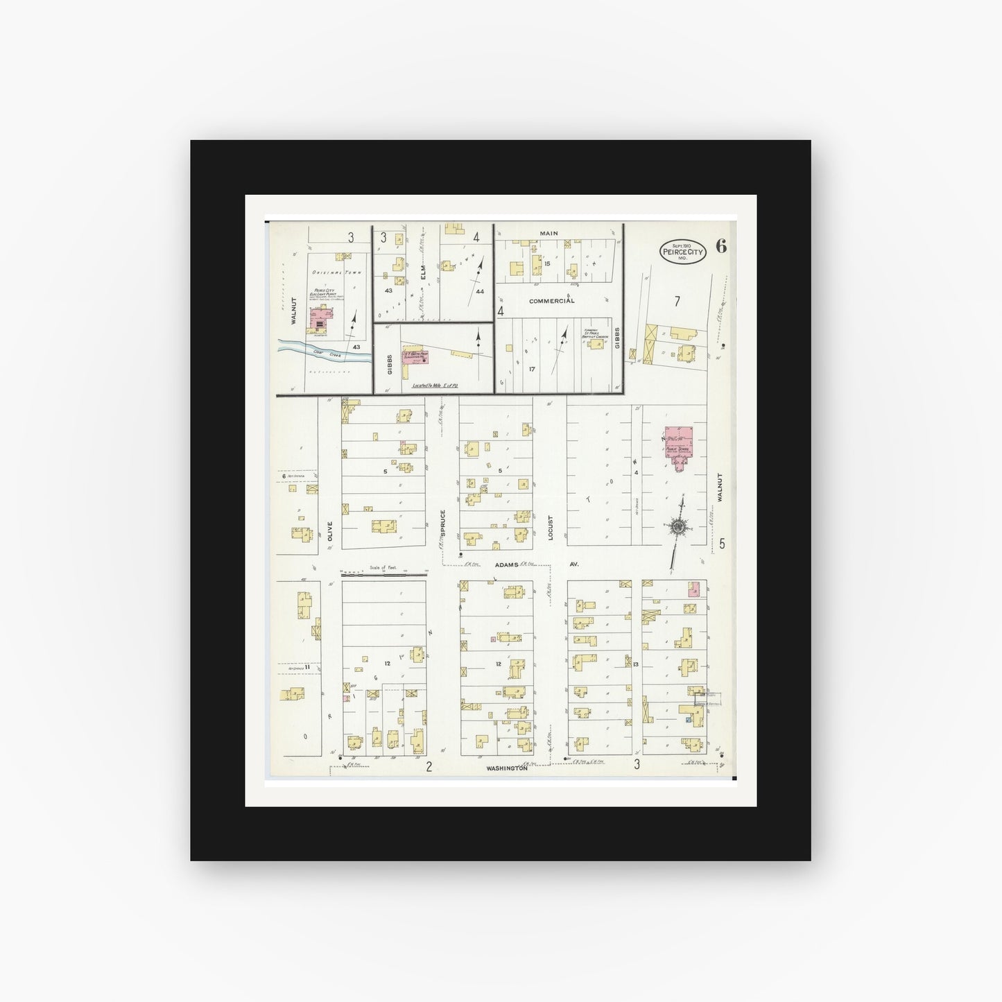 Old map wall art mockup — black gallery frame with white mat — Sanborn Fire Insurance Map from Pierce City, Lawrence County, Missouri (1910), Sheet #0006