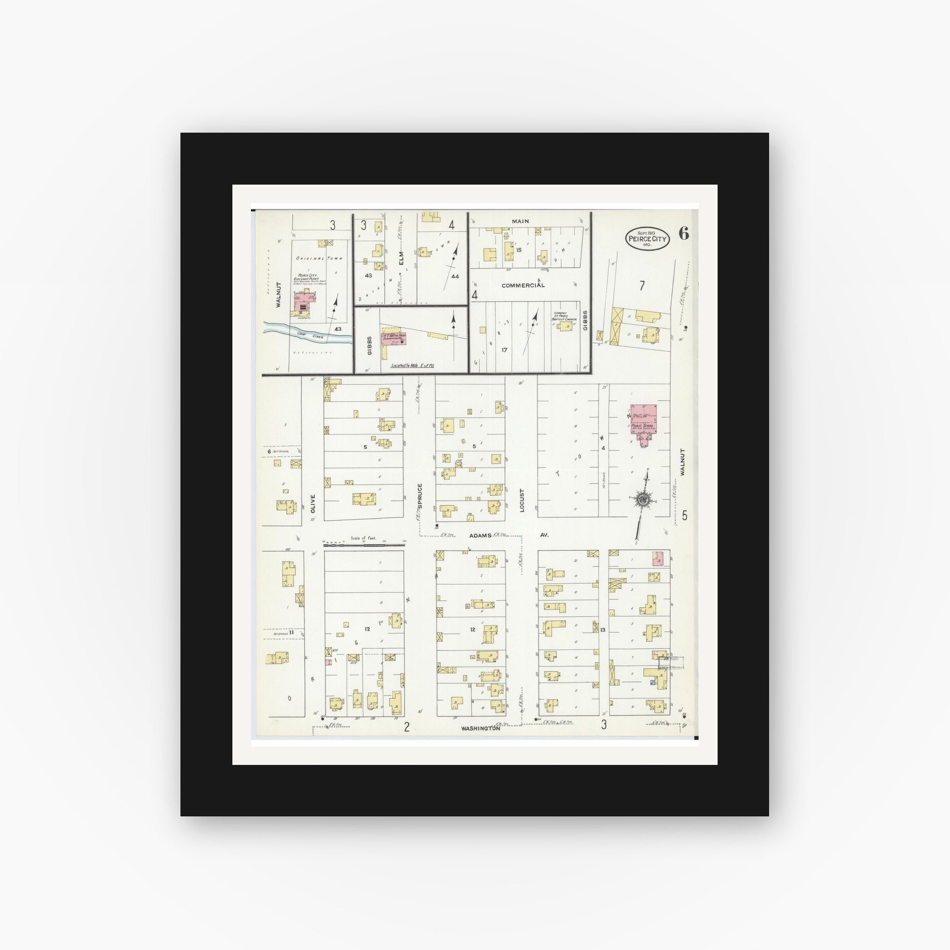 Old map wall art mockup — black gallery frame with white mat — Sanborn Fire Insurance Map from Pierce City, Lawrence County, Missouri (1910), Sheet #0006