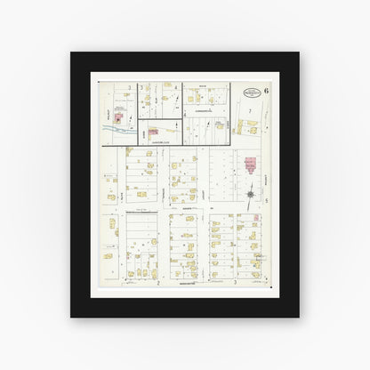 Old map wall art mockup — black gallery frame with white mat — Sanborn Fire Insurance Map from Pierce City, Lawrence County, Missouri (1910), Sheet #0006