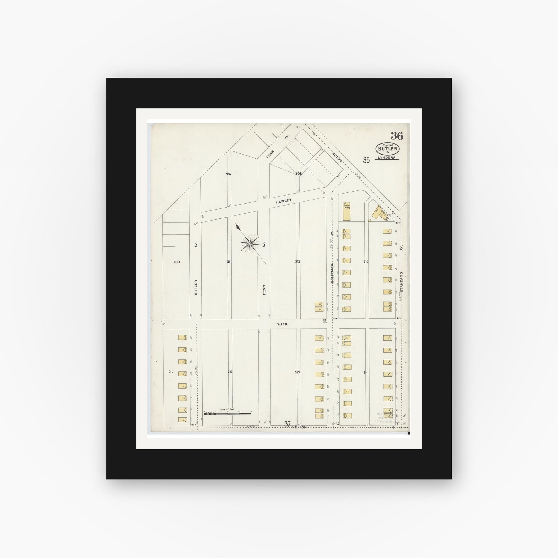 Old map wall art mockup — black gallery frame with white mat — Sanborn Fire Insurance Map from Butler, Butler County, Pennsylvania (1906), Sheet #0036