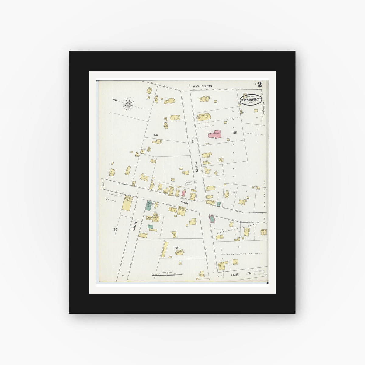 Old map wall art mockup — black gallery frame with white mat — Sanborn Fire Insurance Map from Downers Grove, Dupage County, Illinois (1892), Sheet #0002
