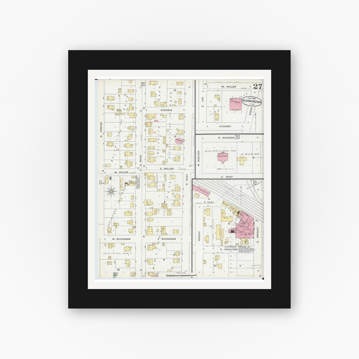 Old map wall art mockup — black gallery frame with white mat — Sanborn Fire Insurance Map from Bloomington, McLean County, Illinois (1896), Sheet #0027