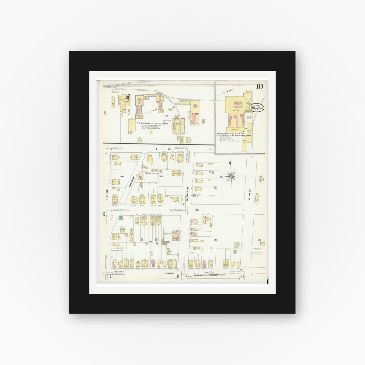 Old map wall art mockup — black gallery frame with white mat — Sanborn Fire Insurance Map from Millville, Cumberland County, New Jersey (1908), Sheet #0010