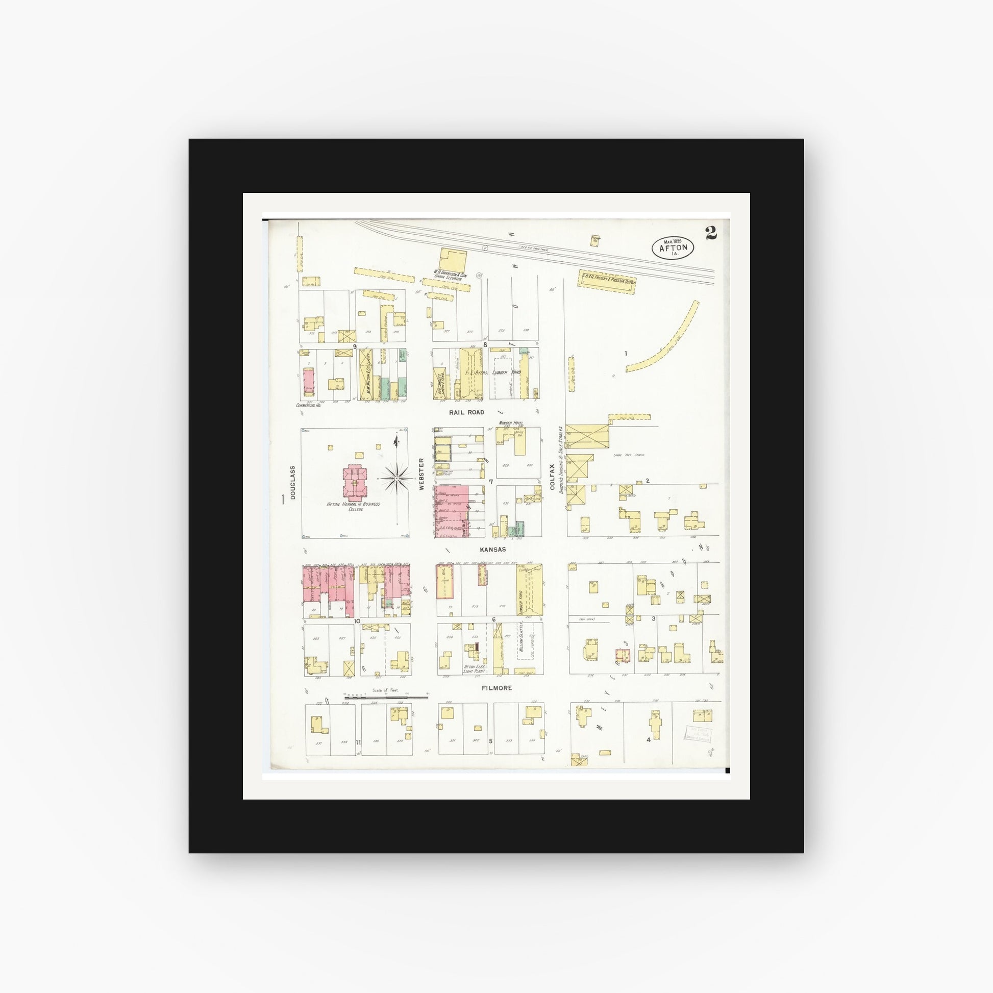 Old map wall art mockup — black gallery frame with white mat — Sanborn Fire Insurance Map from Afton, Union County, Iowa (1899), Sheet #0002
