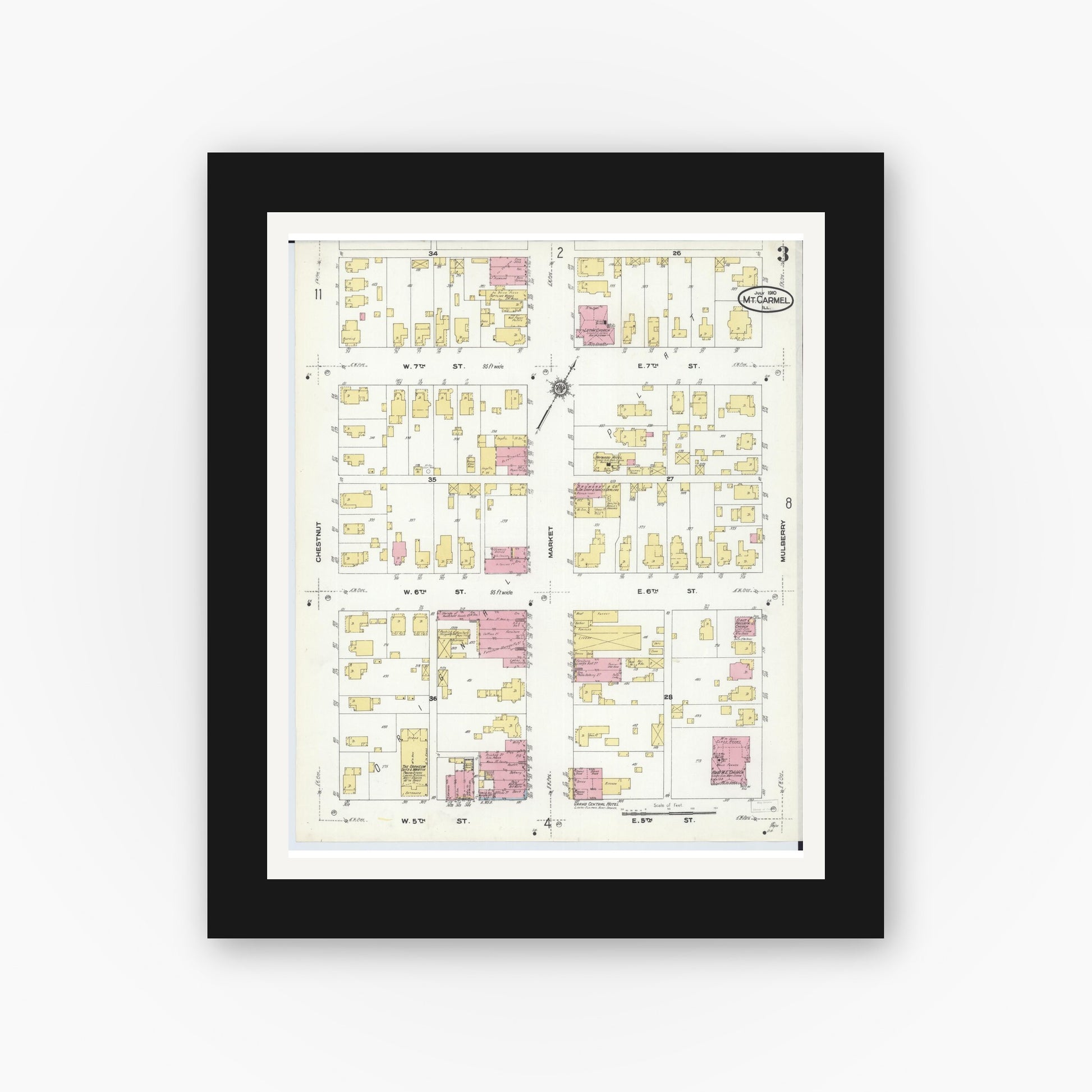 Old map wall art mockup — black gallery frame with white mat — Sanborn Fire Insurance Map from Mount Carmel, Wabash County, Illinois (1910), Sheet #0003