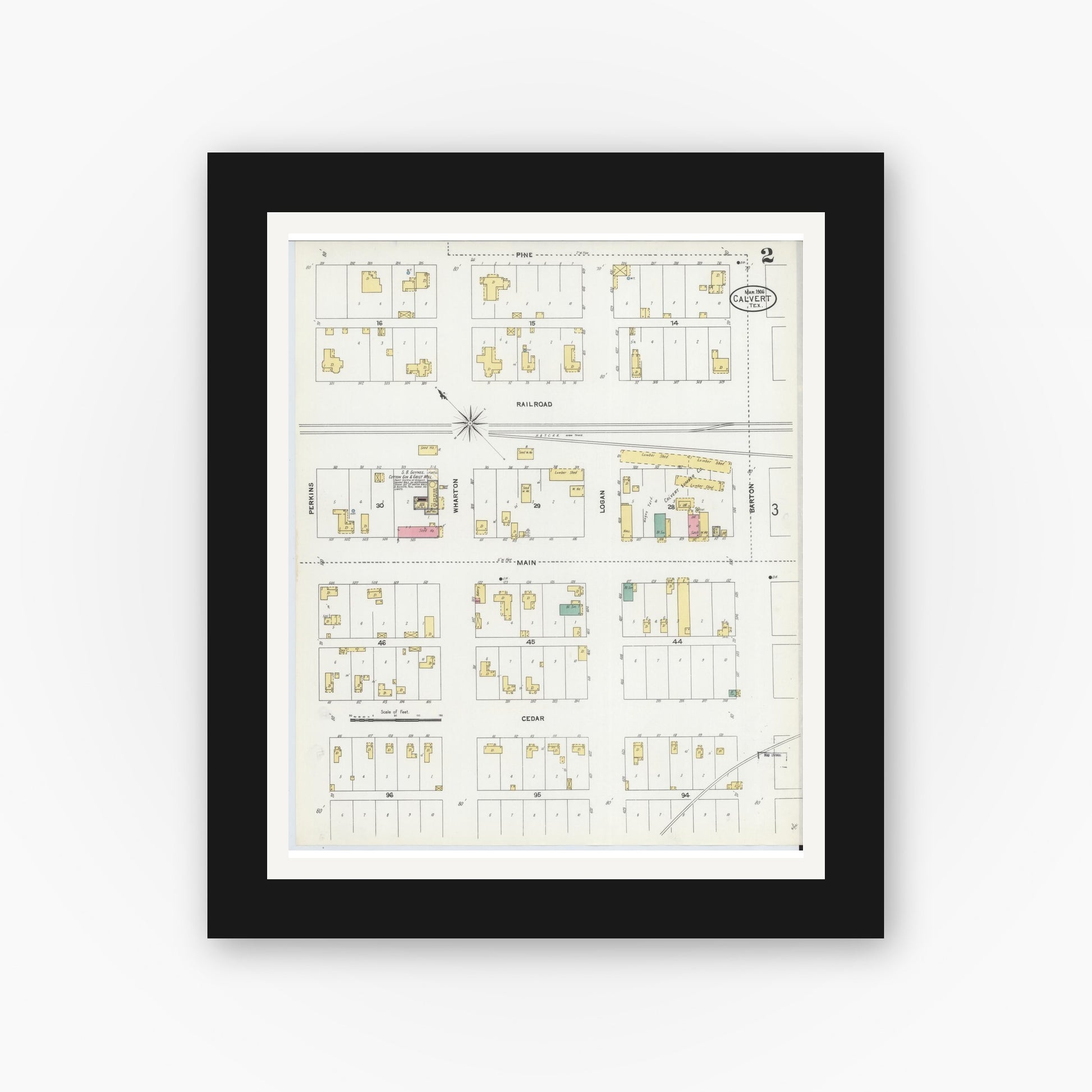 Old map wall art mockup — black gallery frame with white mat — Sanborn Fire Insurance Map from Calvert, Robertson County, Texas (1906), Sheet #0002