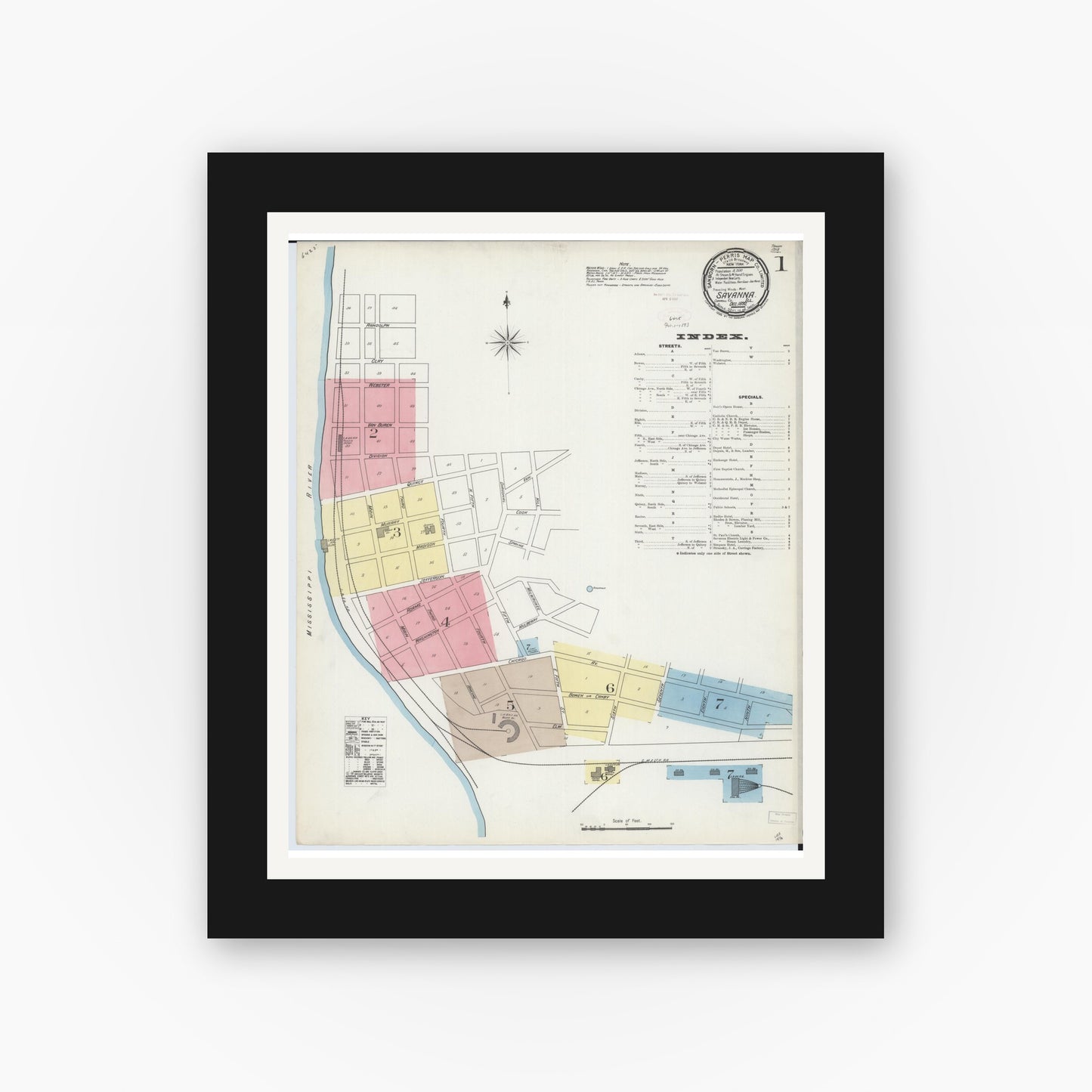 Old map wall art mockup — black gallery frame with white mat — Sanborn Fire Insurance Map from Savanna, Carroll County, Illinois (1892) - Complete Map Set