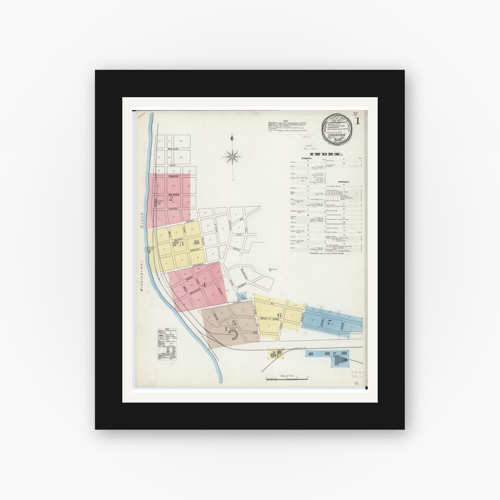 Old map wall art mockup — black gallery frame with white mat — Sanborn Fire Insurance Map from Savanna, Carroll County, Illinois (1892) - Complete Map Set