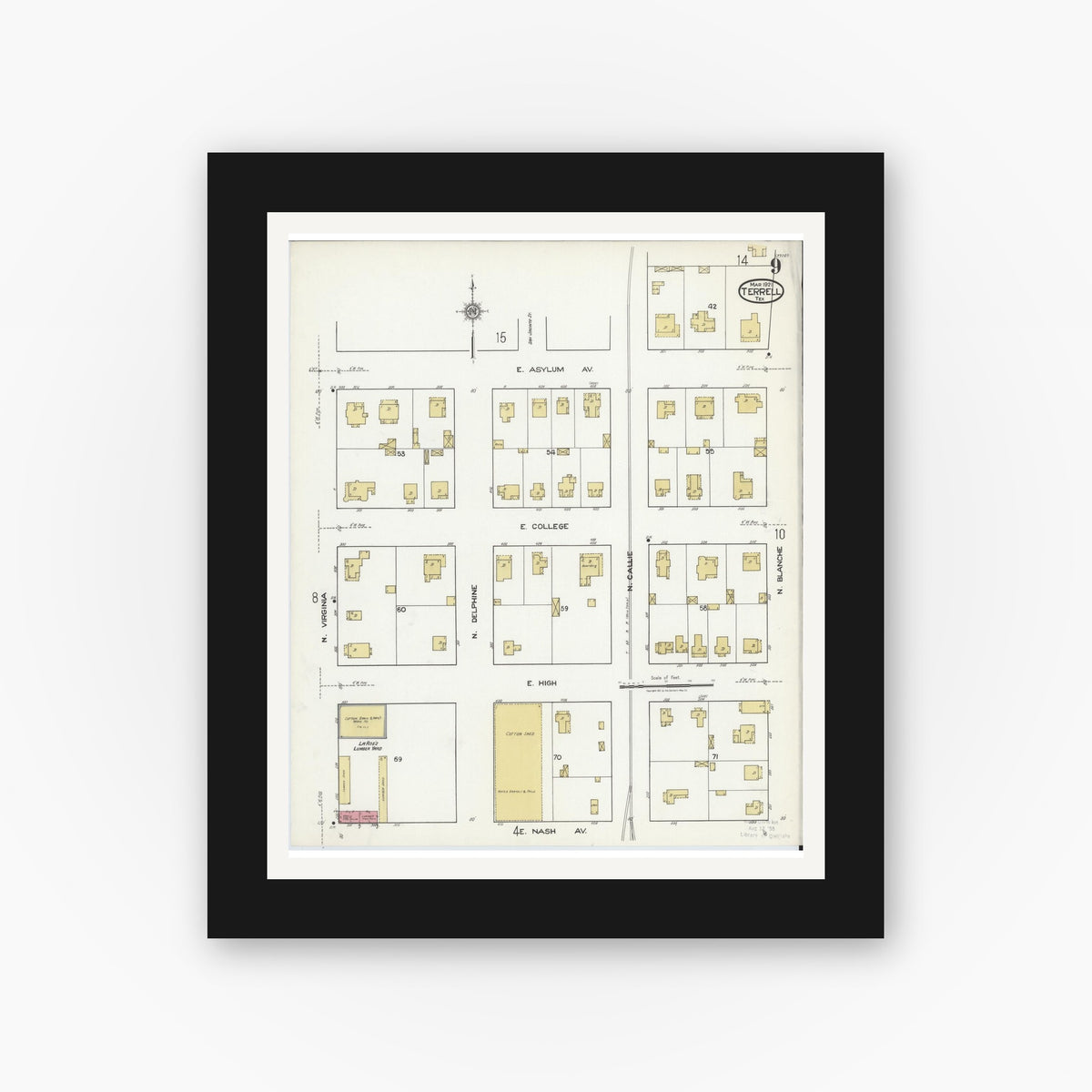 Old map wall art mockup — black gallery frame with white mat — Sanborn Fire Insurance Map from Terrell, Kaufman County, Texas (1921), Sheet #0009