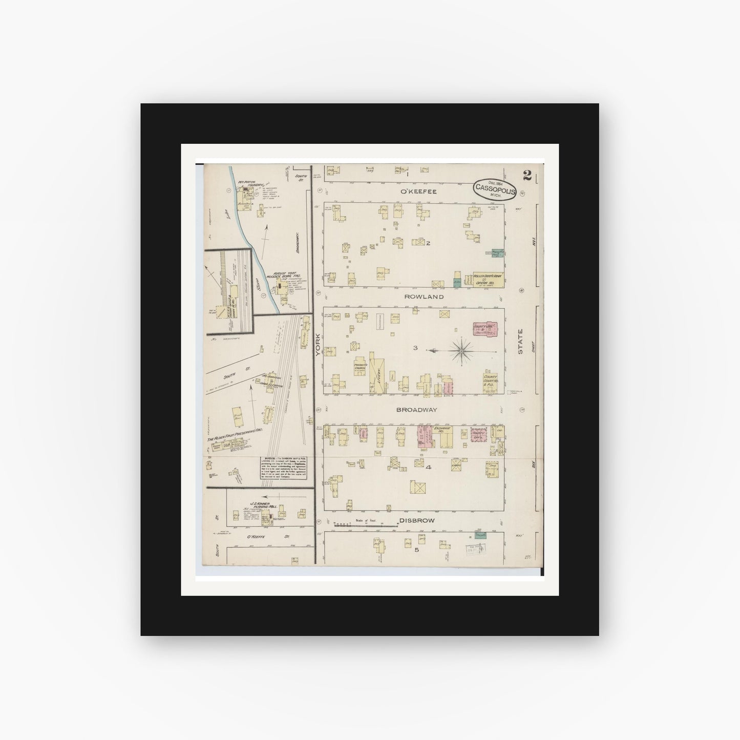 Old map wall art mockup — black gallery frame with white mat — Sanborn Fire Insurance Map from Cassopolis, Cass County, Michigan (1884), Sheet #0002