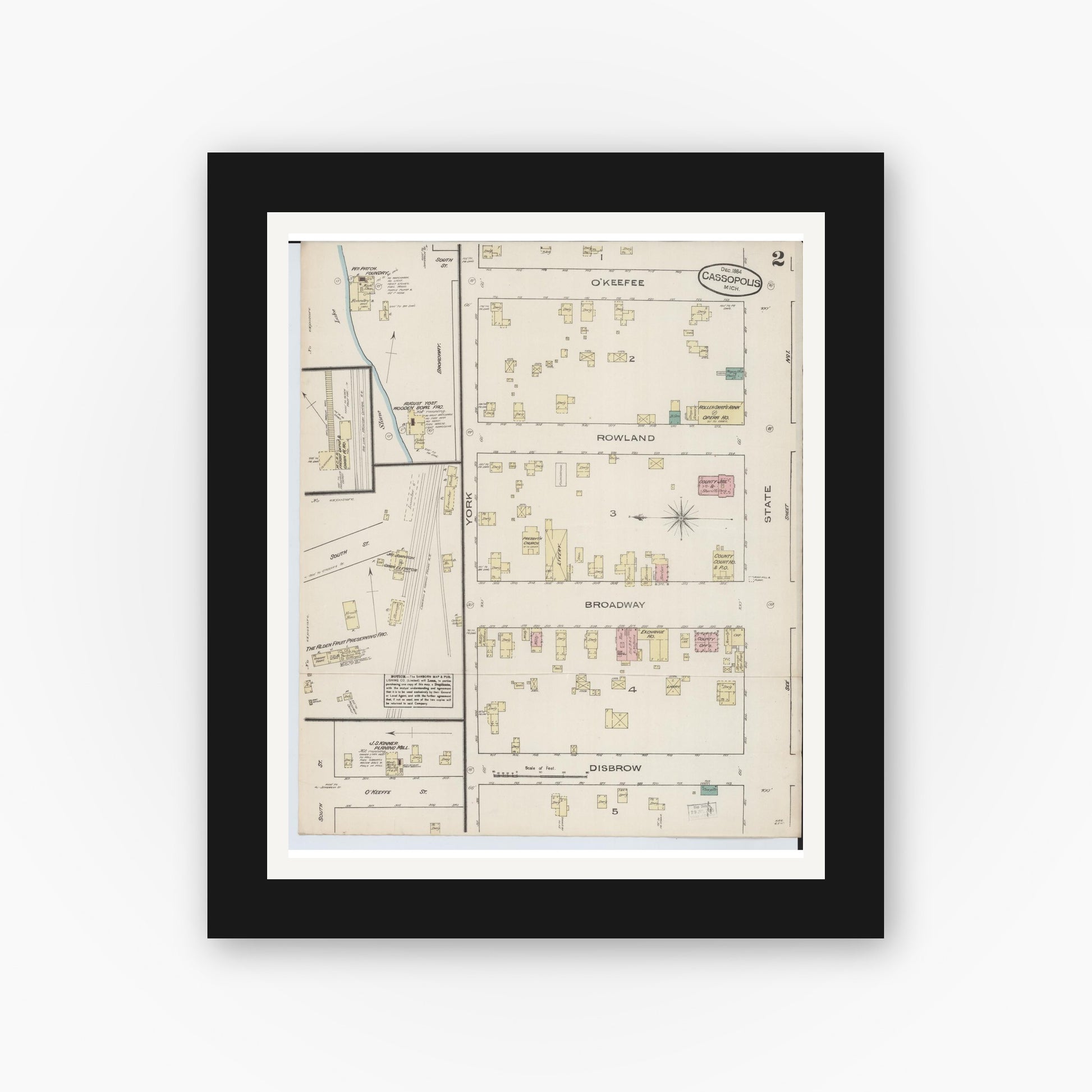 Old map wall art mockup — black gallery frame with white mat — Sanborn Fire Insurance Map from Cassopolis, Cass County, Michigan (1884), Sheet #0002