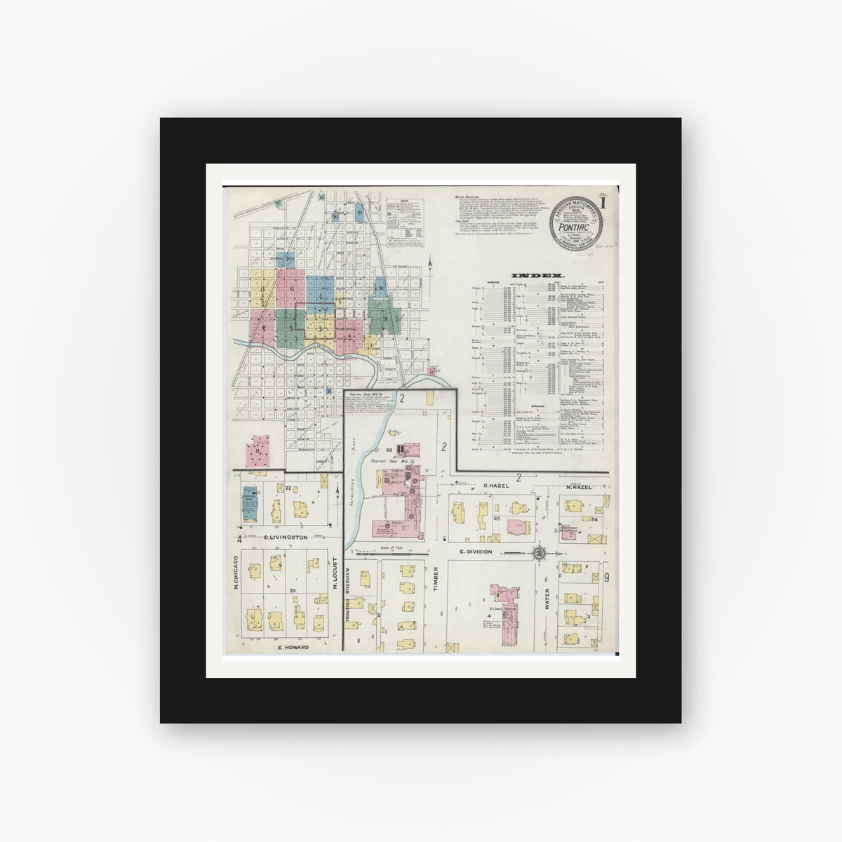Old map wall art mockup — black gallery frame with white mat — Sanborn Fire Insurance Map from Pontiac, Livingston County, Illinois (1910) - Complete Map Set