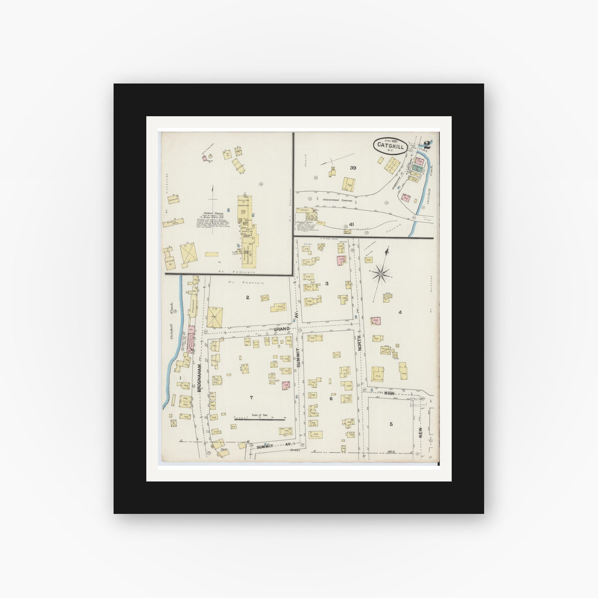 Old map wall art mockup — black gallery frame with white mat — Sanborn Fire Insurance Map from Catskill, Greene County, New York (1889), Sheet #0002