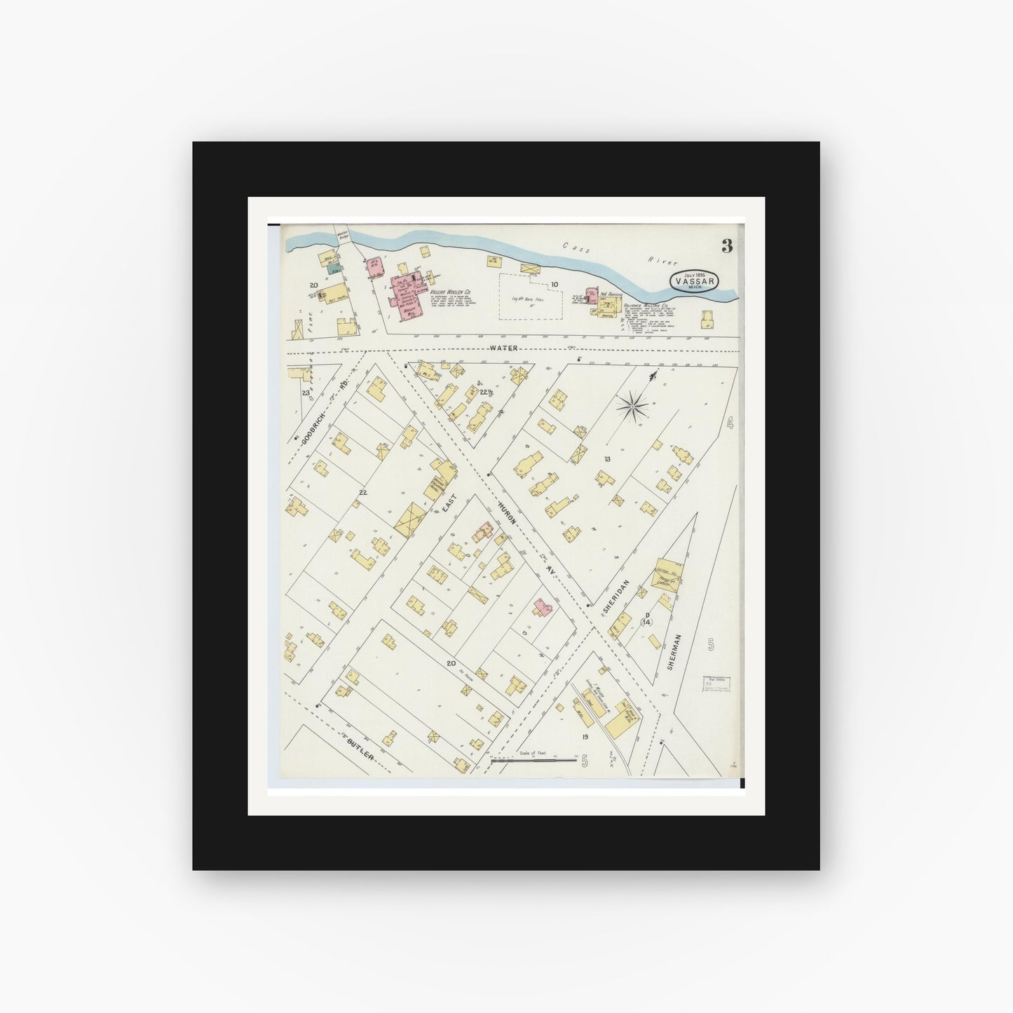 Old map wall art mockup — black gallery frame with white mat — Sanborn Fire Insurance Map from Vassar, Tuscola County, Michigan (1895), Sheet #0003
