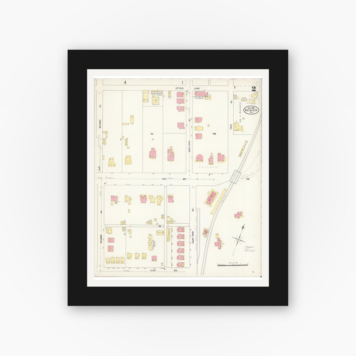 Old map wall art mockup — black gallery frame with white mat — Sanborn Fire Insurance Map from Beaver, Beaver County, Pennsylvania (1906), Sheet #0002