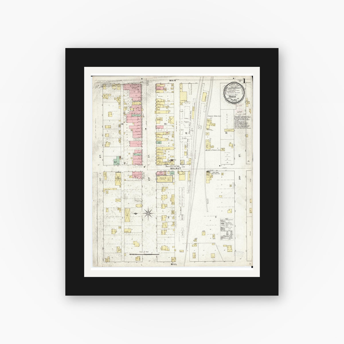 Old map wall art mockup — black gallery frame with white mat — Sanborn Fire Insurance Map from Traer, Tama County, Iowa (1895) â€” Complete Set