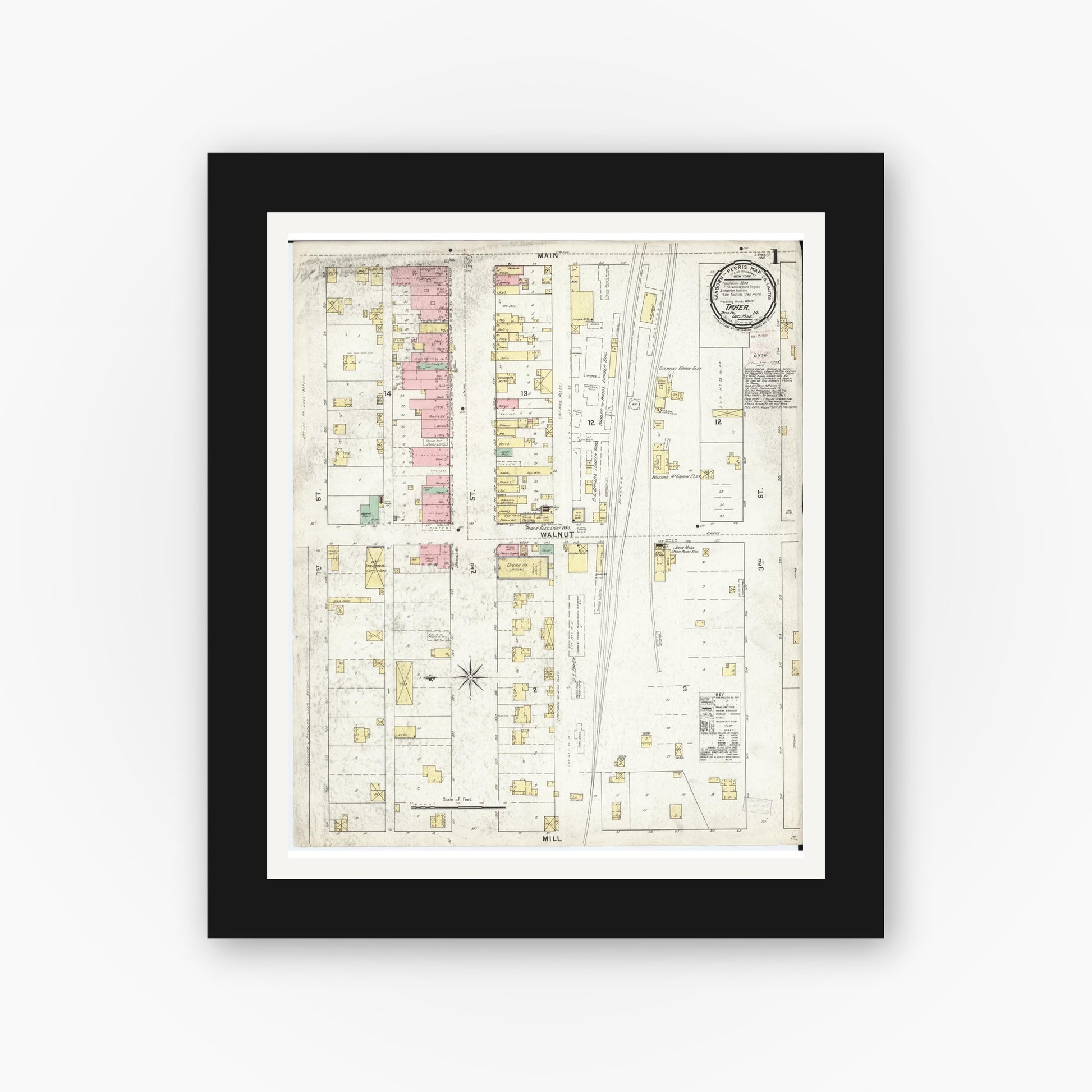 Old map wall art mockup — black gallery frame with white mat — Sanborn Fire Insurance Map from Traer, Tama County, Iowa (1895) â€” Complete Set