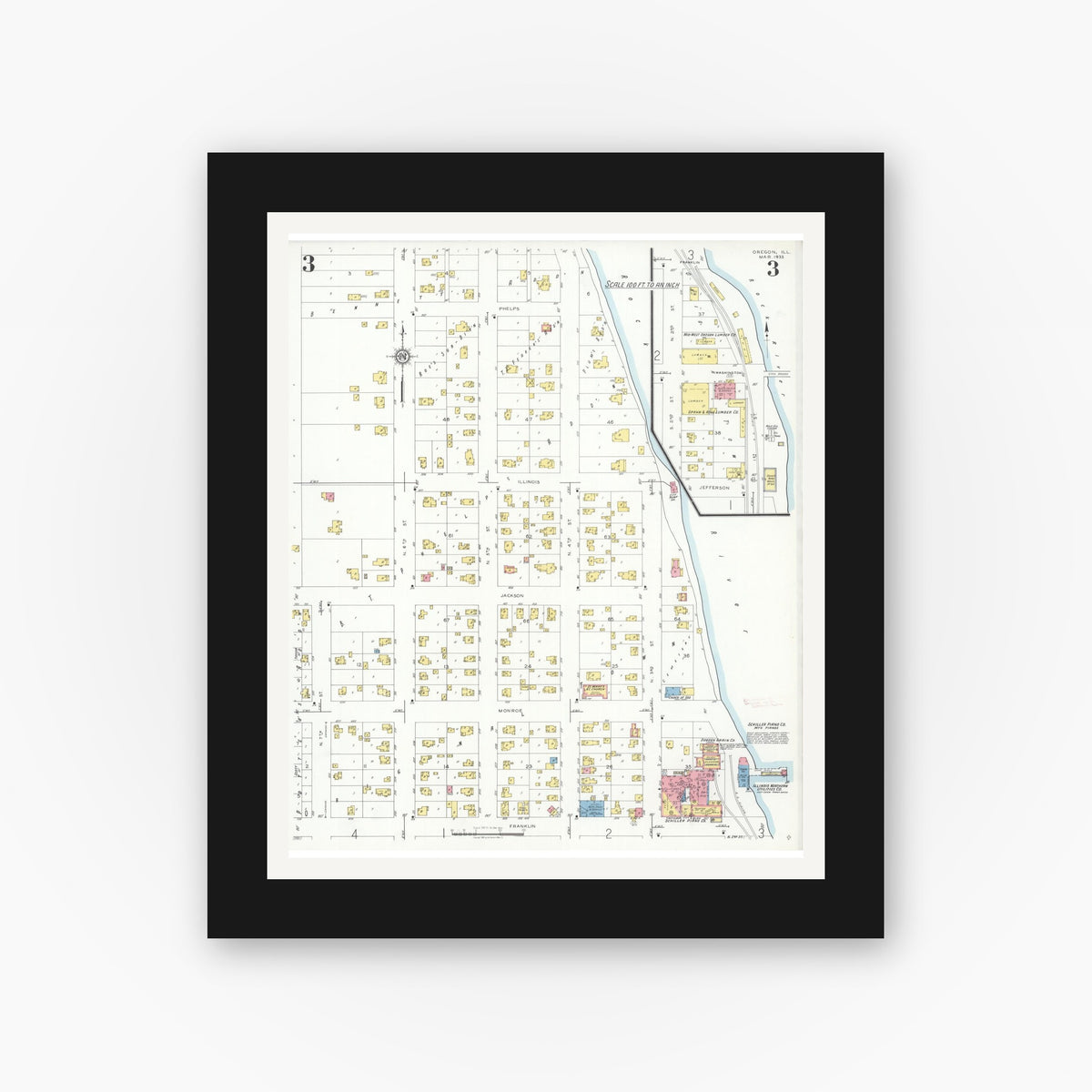 Old map wall art mockup — black gallery frame with white mat — Sanborn Fire Insurance Map from Oregon, Ogle County, Illinois (1933), Sheet #0003