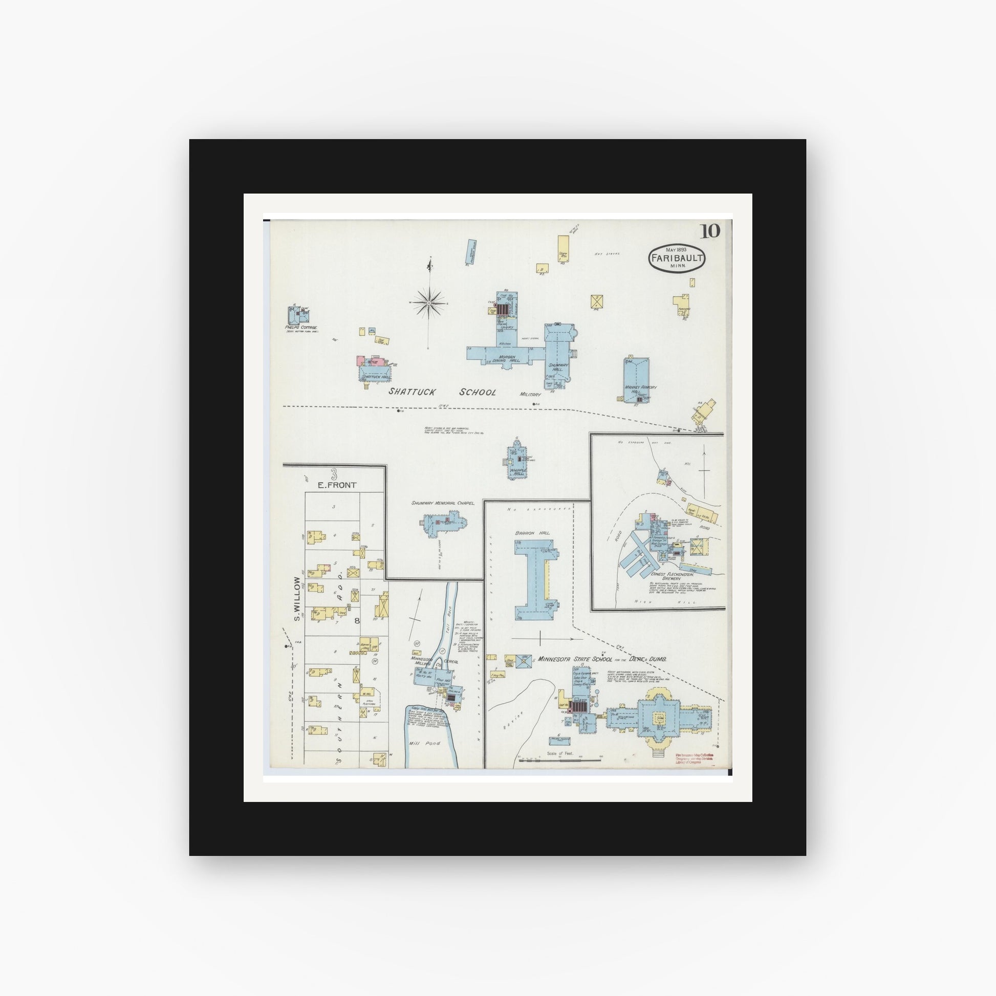 Old map wall art mockup — black gallery frame with white mat — Sanborn Fire Insurance Map from Faribault, Rice County, Minnesota (1893), Sheet #0010