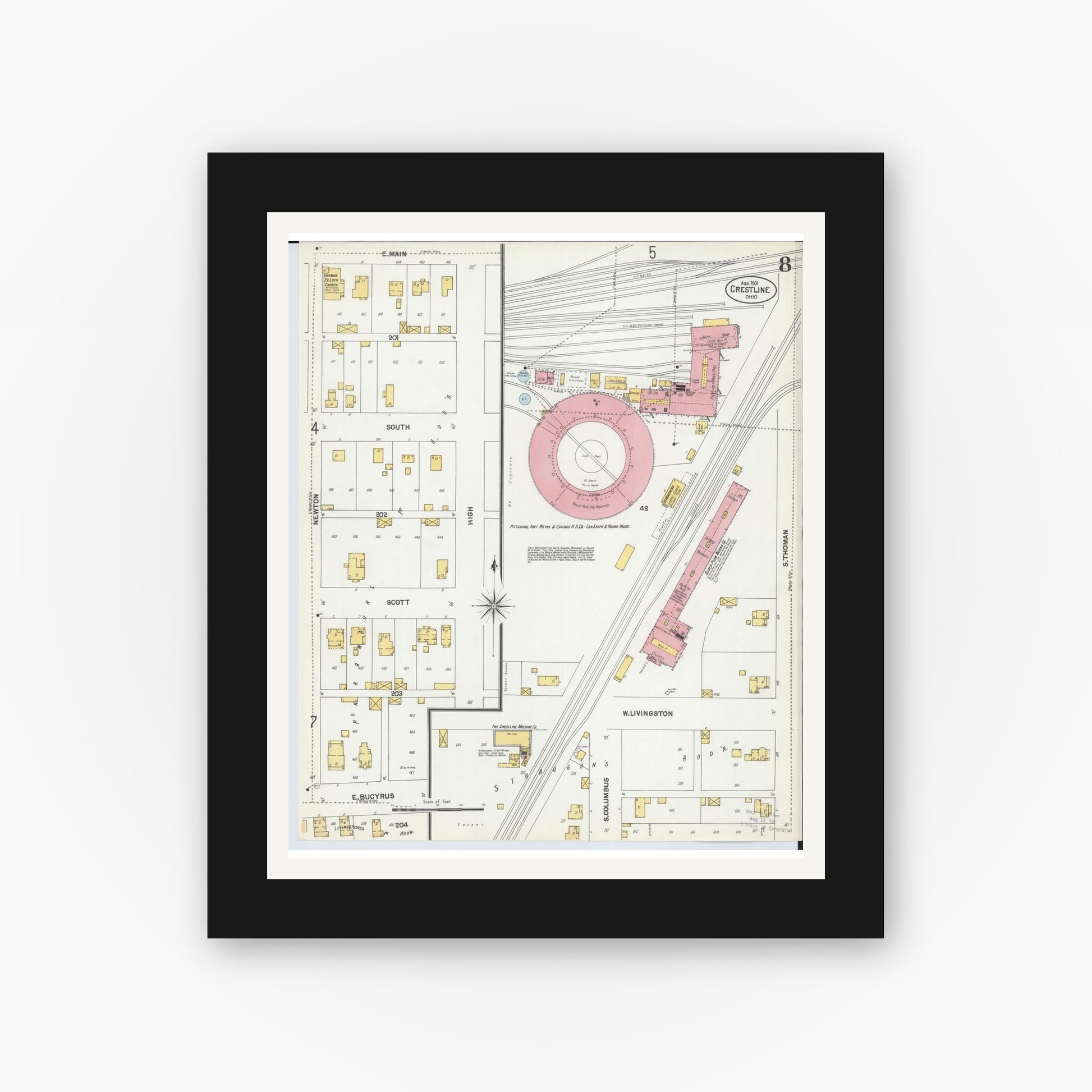 Old map wall art mockup — black gallery frame with white mat — Sanborn Fire Insurance Map from Crestline, Crawford County, Ohio (1901), Sheet #0008
