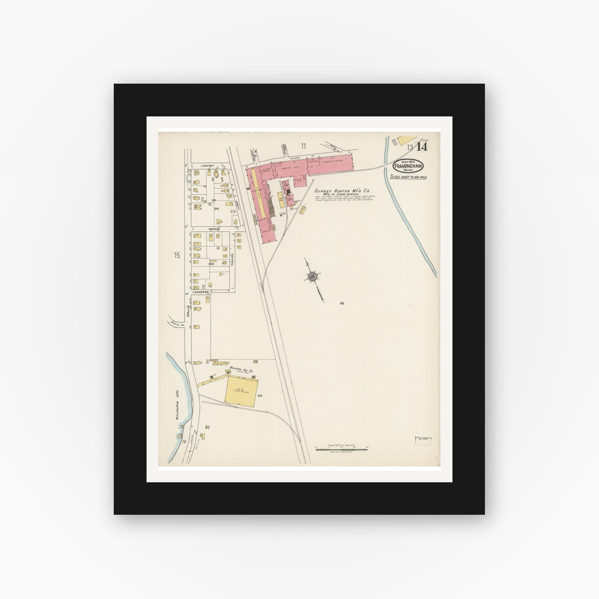 Old map wall art mockup — black gallery frame with white mat — Sanborn Fire Insurance Map from Framingham, Middlesex County, Massachusetts (1922), Sheet #0014