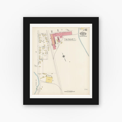 Old map wall art mockup — black gallery frame with white mat — Sanborn Fire Insurance Map from Framingham, Middlesex County, Massachusetts (1922), Sheet #0014