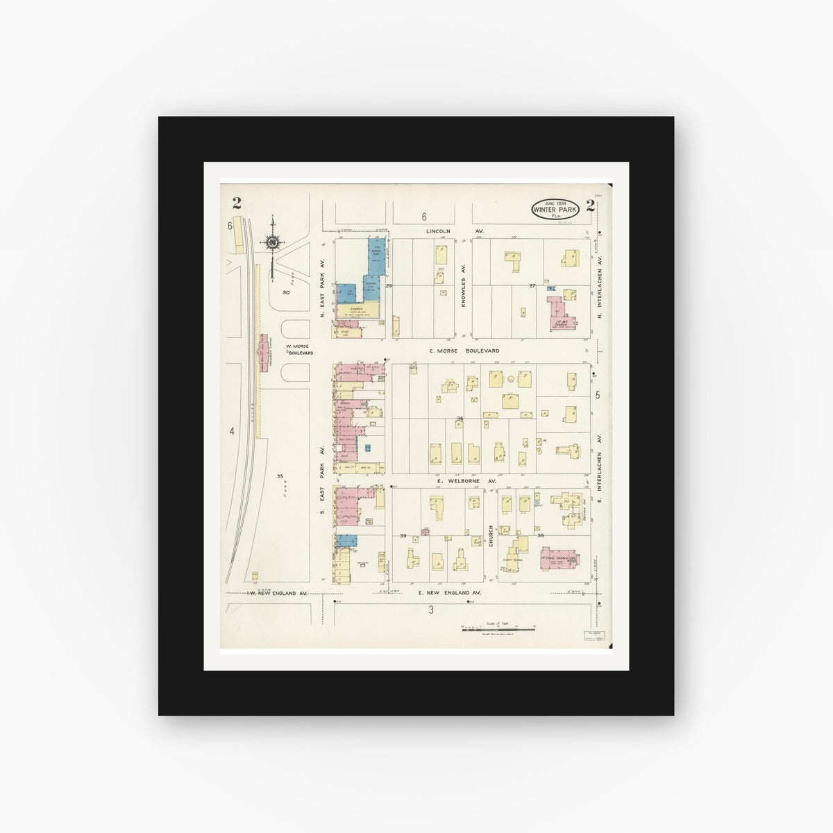 Old map wall art mockup — black gallery frame with white mat — Sanborn Fire Insurance Map from Winter Park, Orange County, Florida (1924), Sheet #0002