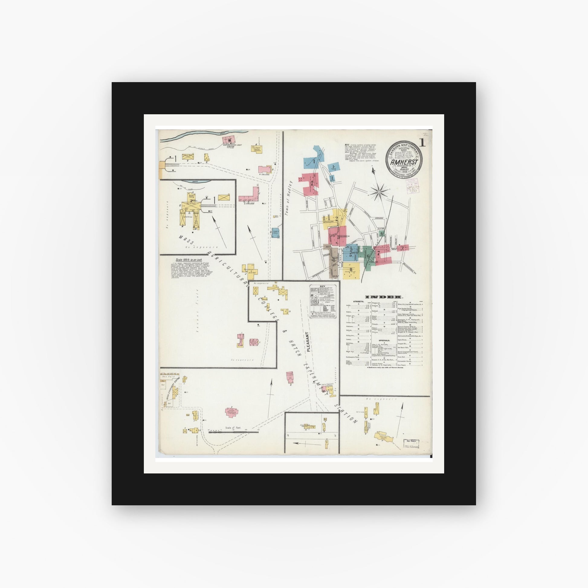 Old map wall art mockup — black gallery frame with white mat — Sanborn Fire Insurance Map from Amherst, Hampshire County, Massachusetts (1902) - Complete Map Set