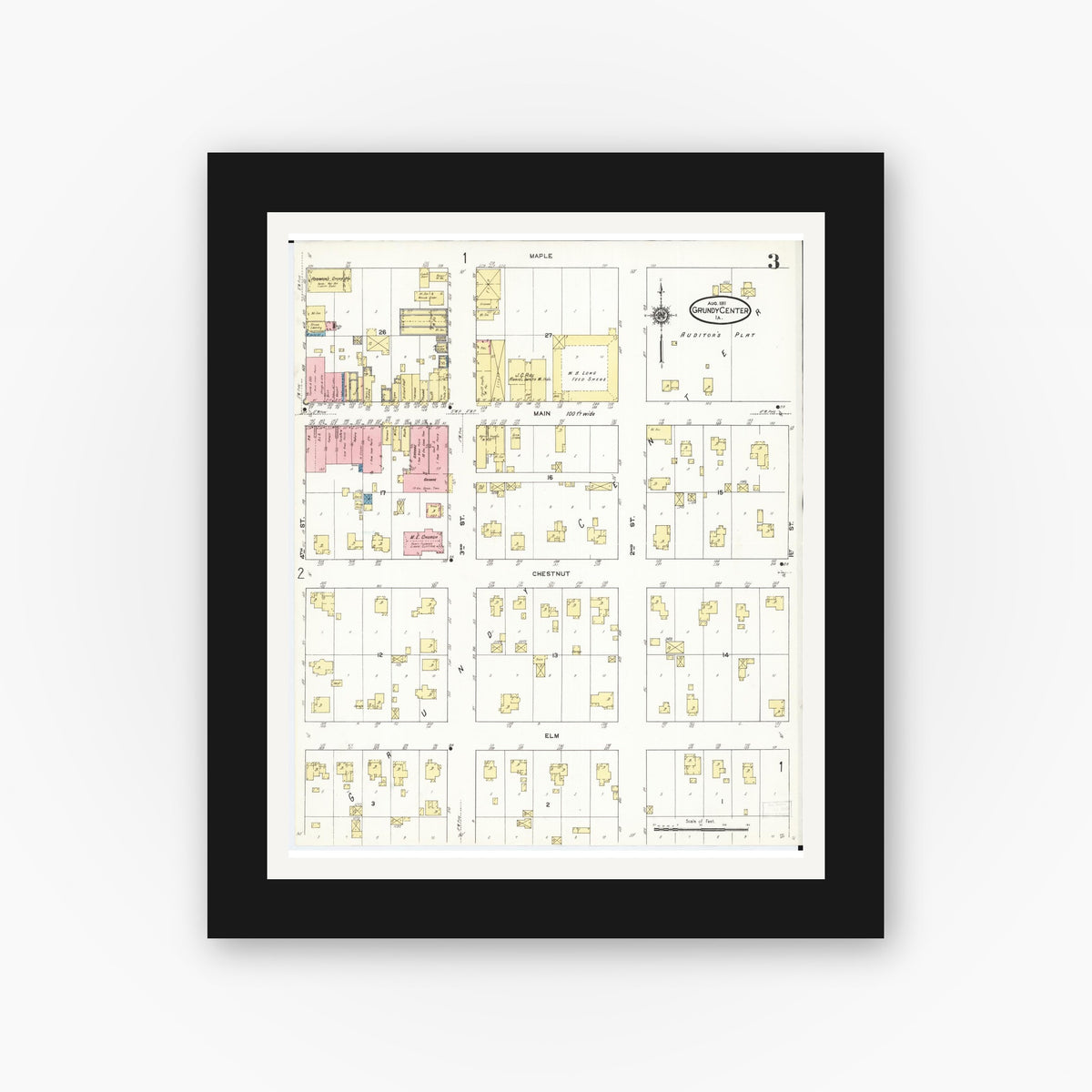 Old map wall art mockup — black gallery frame with white mat — Sanborn Fire Insurance Map from Grundy Center, Grundy County, Iowa (1911), Sheet #0003