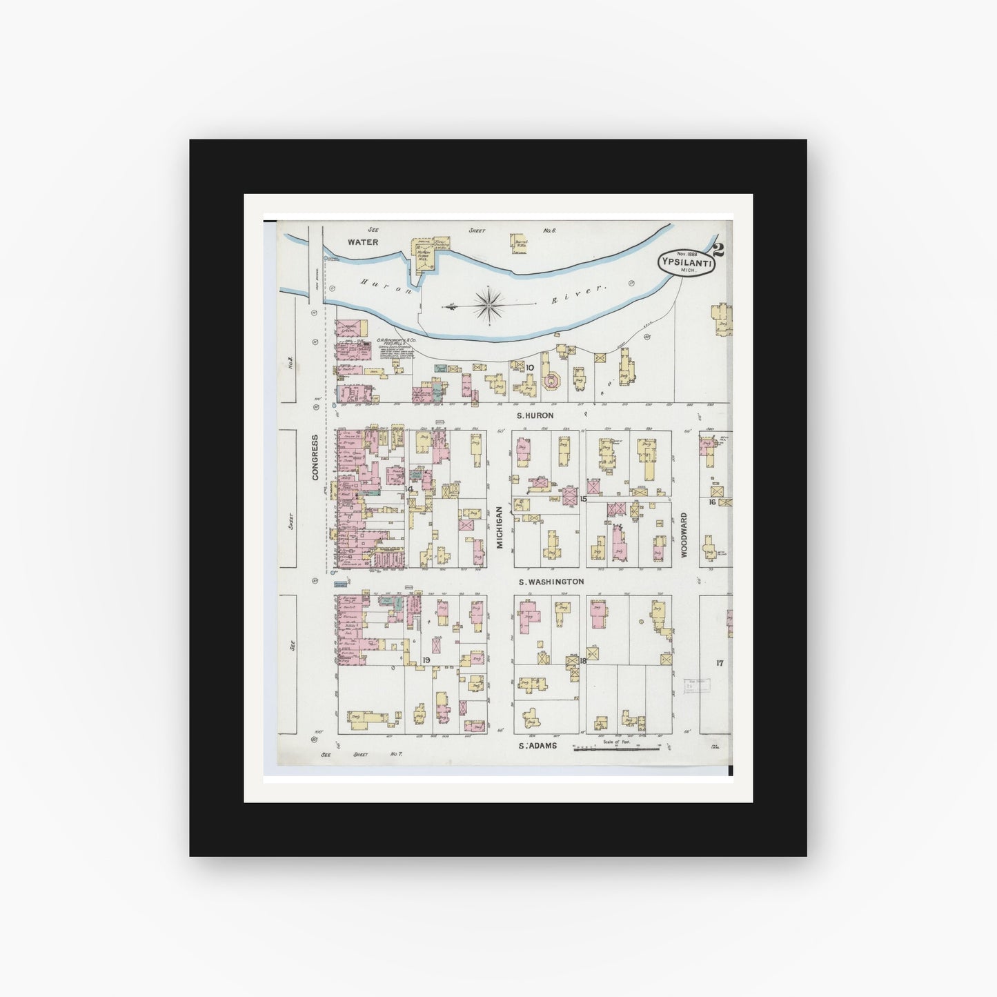Old map wall art mockup — black gallery frame with white mat — Sanborn Fire Insurance Map from Ypsilanti, Washtenaw County, Michigan (1888), Sheet #0002