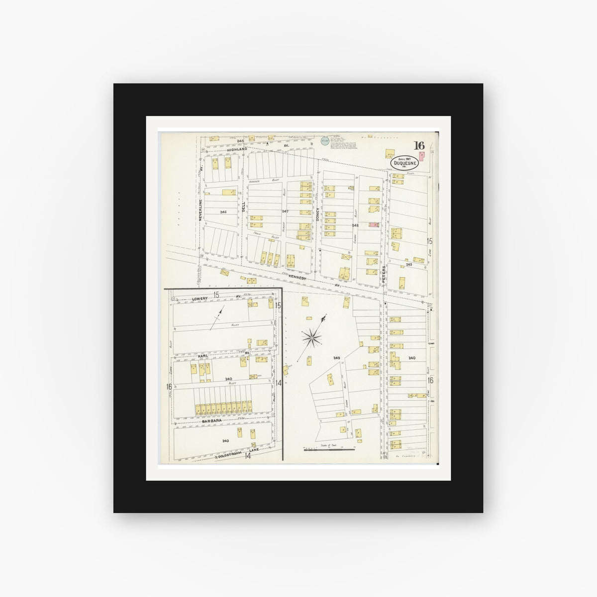 Old map wall art mockup — black gallery frame with white mat — Sanborn Fire Insurance Map from Duquesne, Allegheny County, Pennsylvania (1907), Sheet #0016