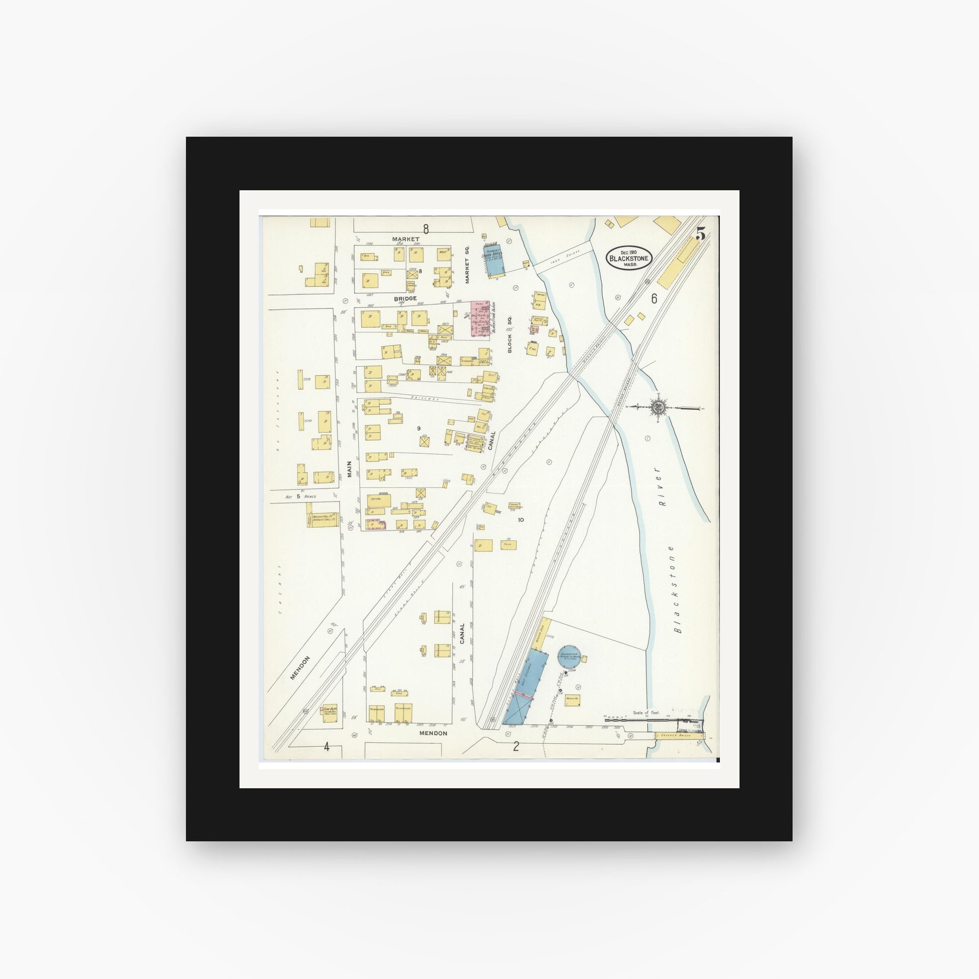 Old map wall art mockup — black gallery frame with white mat — Sanborn Fire Insurance Map from Blackstone, Worcester County, Massachusetts (1910), Sheet #0005