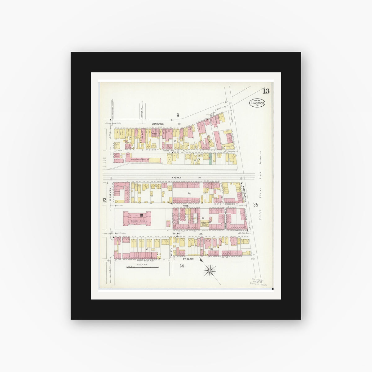 Old map wall art mockup — black gallery frame with white mat — Sanborn Fire Insurance Map from Braddock, Allegheny County, Pennsylvania (1908), Sheet #0013