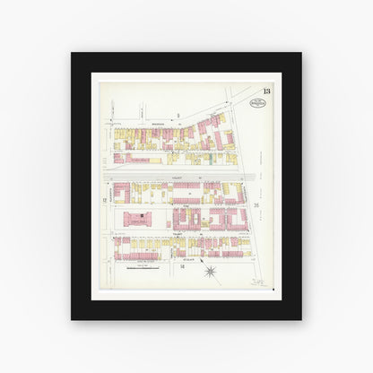 Old map wall art mockup — black gallery frame with white mat — Sanborn Fire Insurance Map from Braddock, Allegheny County, Pennsylvania (1908), Sheet #0013