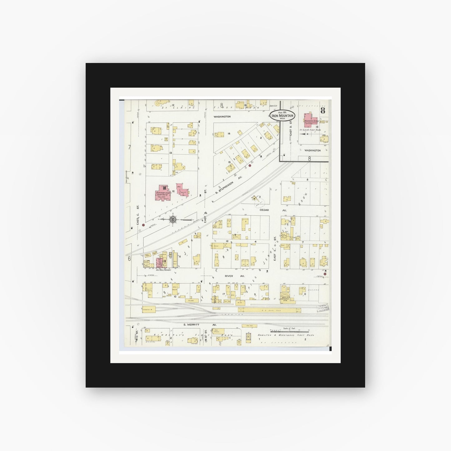 Old map wall art mockup — black gallery frame with white mat — Sanborn Fire Insurance Map from Iron Mountain, Dickinson County, Michigan (1911), Sheet #0008