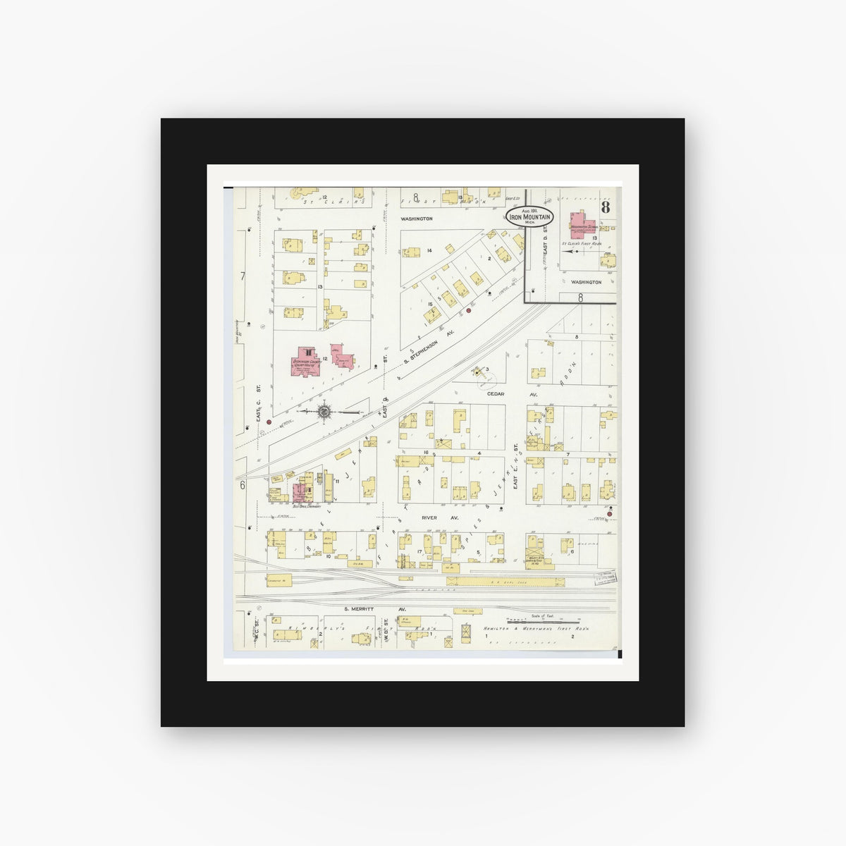 Old map wall art mockup — black gallery frame with white mat — Sanborn Fire Insurance Map from Iron Mountain, Dickinson County, Michigan (1911), Sheet #0008