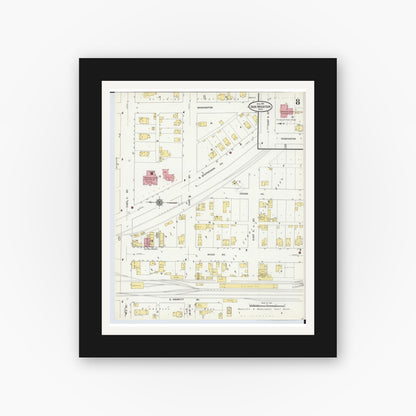 Old map wall art mockup — black gallery frame with white mat — Sanborn Fire Insurance Map from Iron Mountain, Dickinson County, Michigan (1911), Sheet #0008