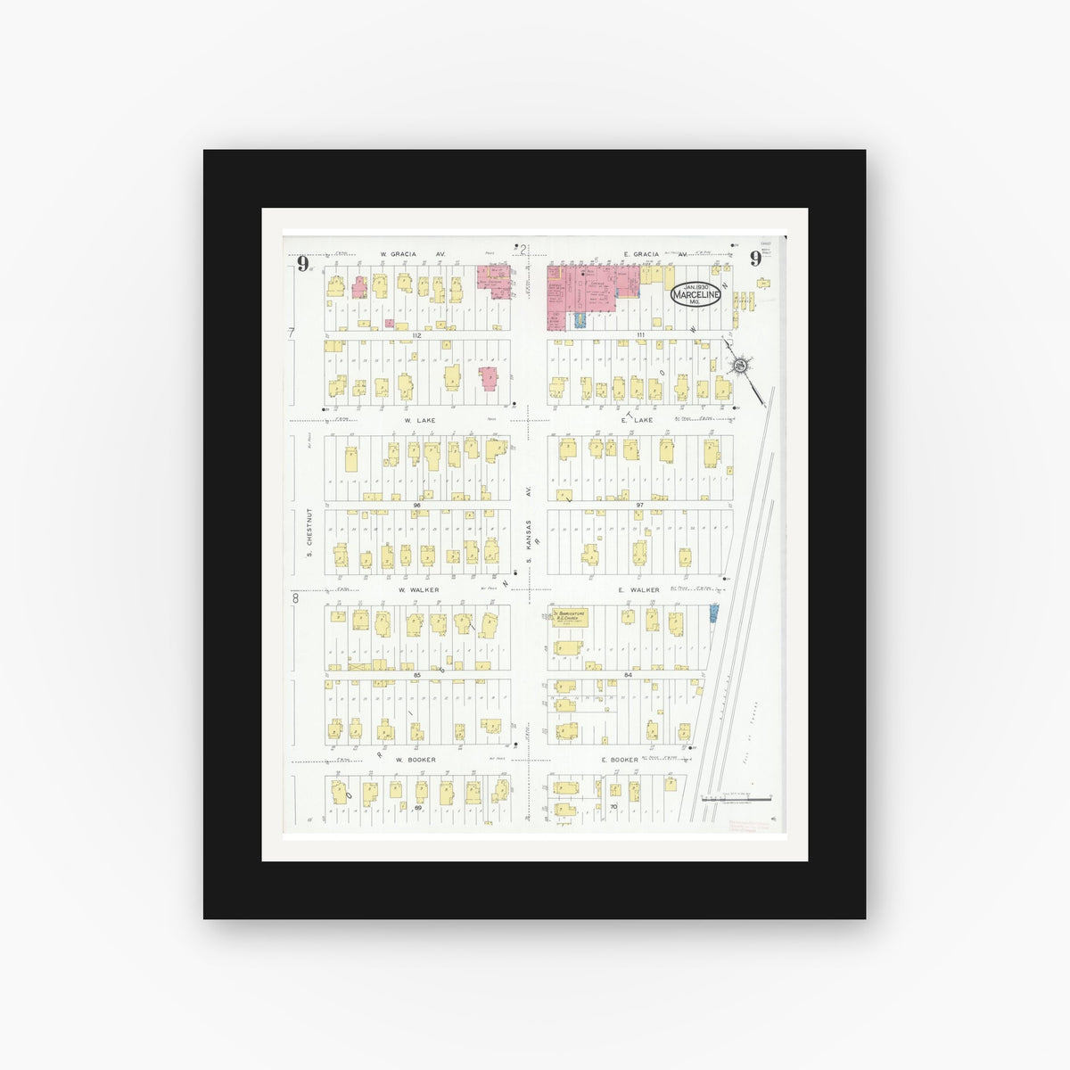 Old map wall art mockup — black gallery frame with white mat — Sanborn Fire Insurance Map from Marceline, Linn County, Missouri (1930), Sheet #0009