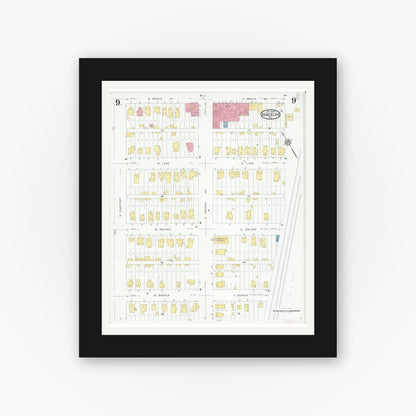 Old map wall art mockup — black gallery frame with white mat — Sanborn Fire Insurance Map from Marceline, Linn County, Missouri (1930), Sheet #0009