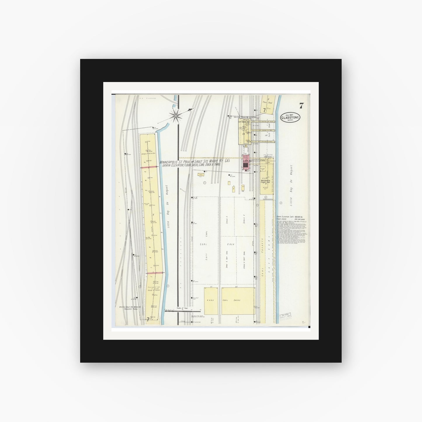 Old map wall art mockup — black gallery frame with white mat — Sanborn Fire Insurance Map from Gladstone, Delta County, Michigan (1907), Sheet #0007