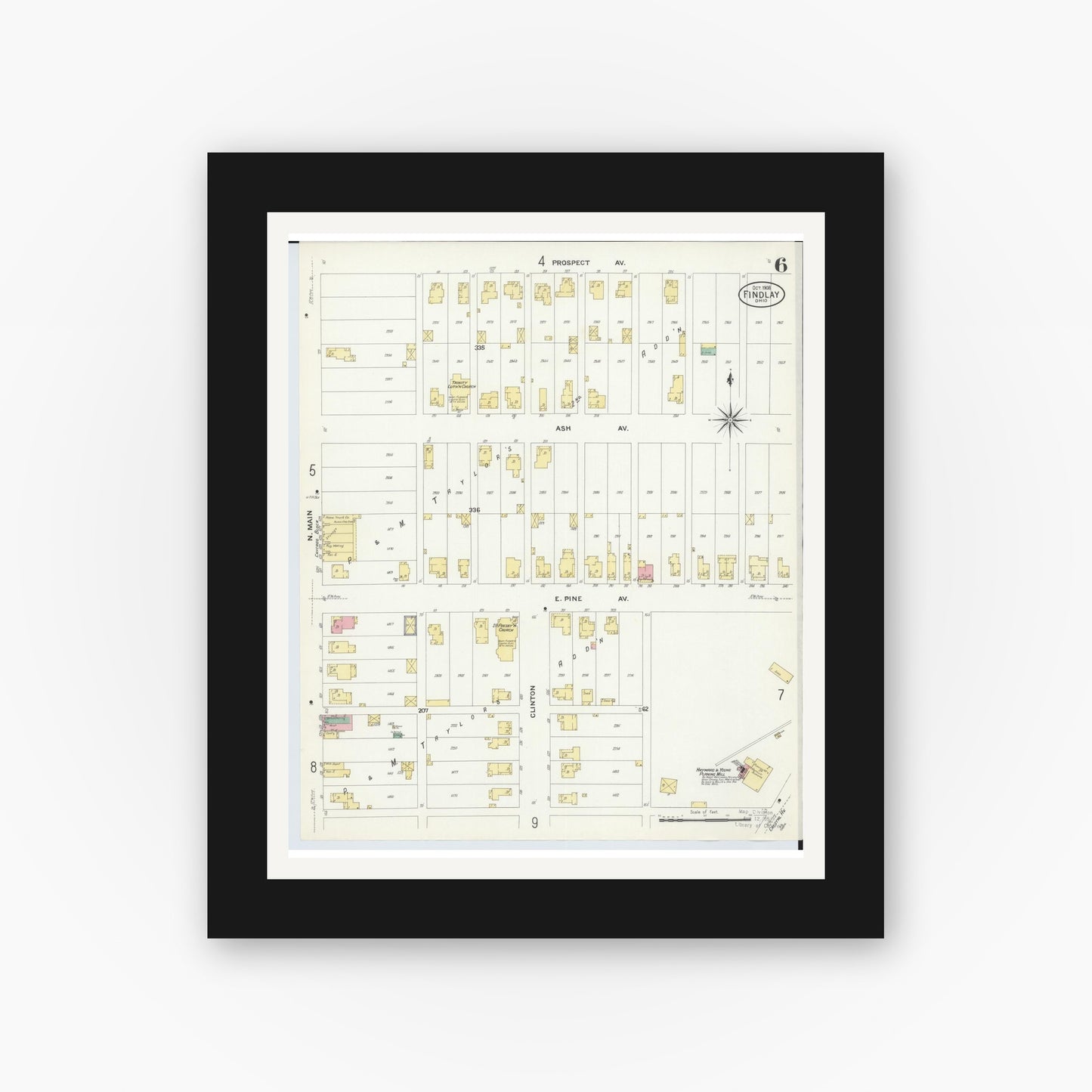 Old map wall art mockup — black gallery frame with white mat — Sanborn Fire Insurance Map from Findlay, Hancock County, Ohio (1908), Sheet #0006