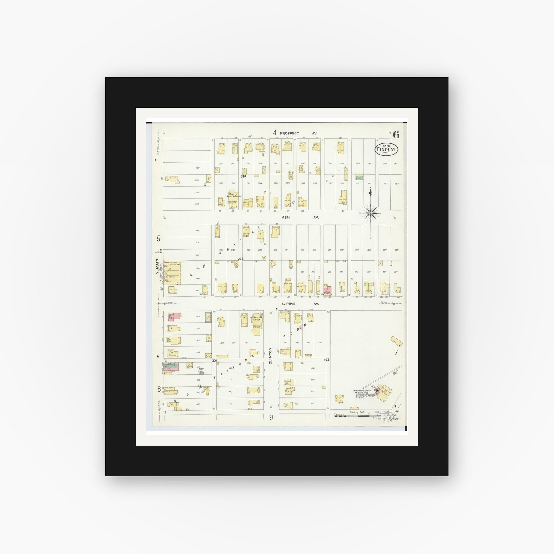 Old map wall art mockup — black gallery frame with white mat — Sanborn Fire Insurance Map from Findlay, Hancock County, Ohio (1908), Sheet #0006