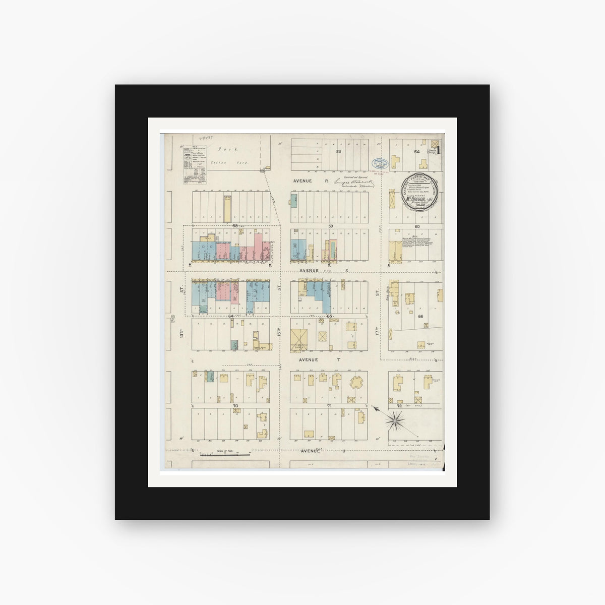 Old map wall art mockup — black gallery frame with white mat — Sanborn Fire Insurance Map from McGregor, McLennan County, Texas (1894) - Complete Map Set